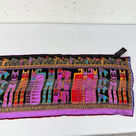 Laurel Burch Purple And Black Silk Cat Scarf 10.5 x 53” - Picture 8 of 12